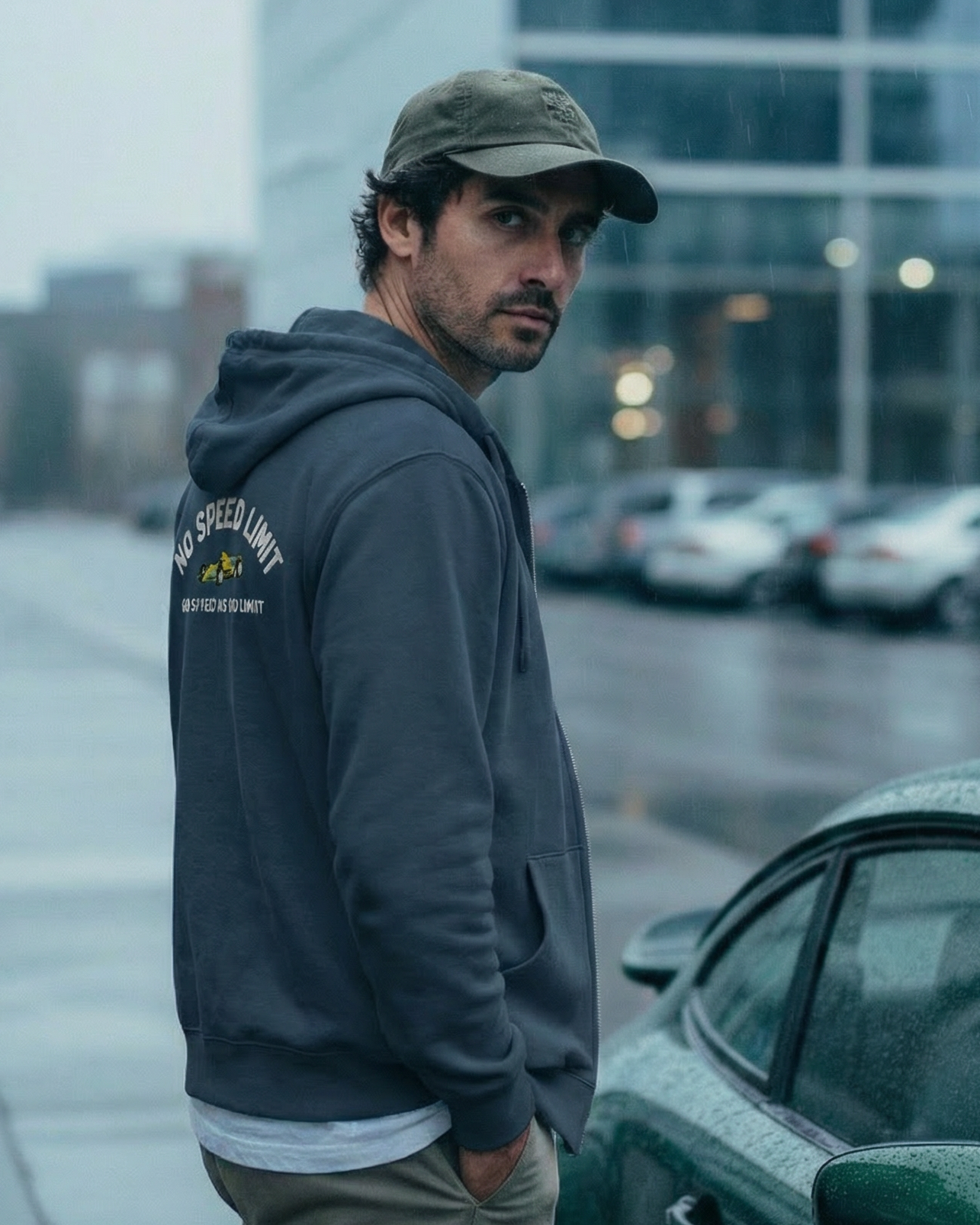 Man standing next to a car in an urban setting