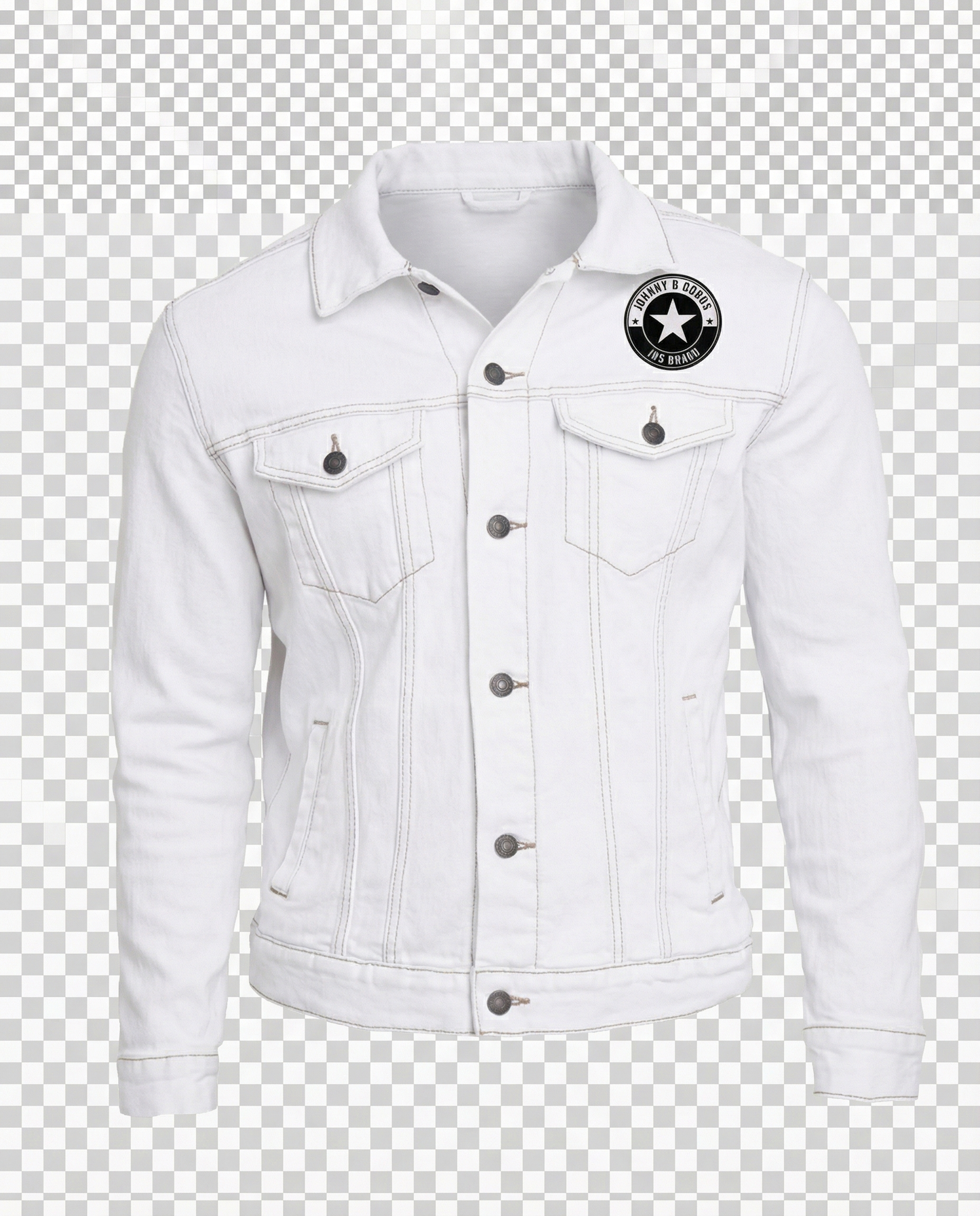 White denim jacket with a brand logo on a transparent background