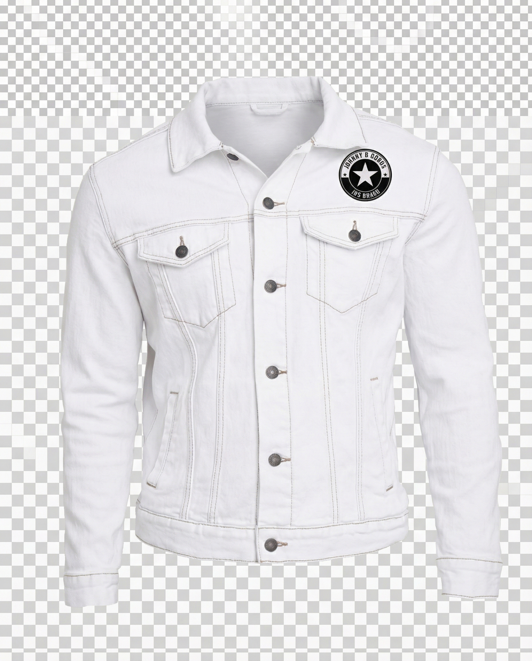 White denim jacket with a brand logo on a transparent background