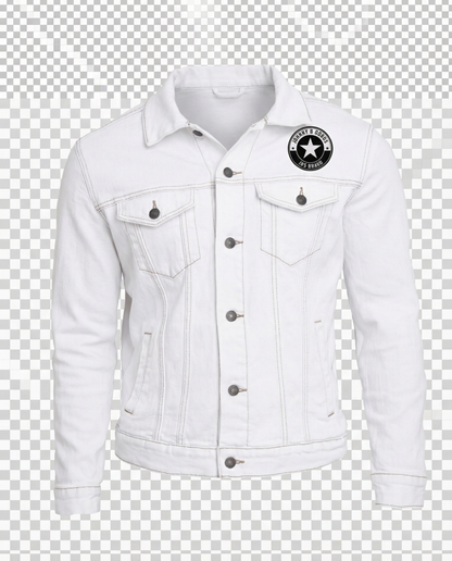 White denim jacket with a brand logo on a transparent background