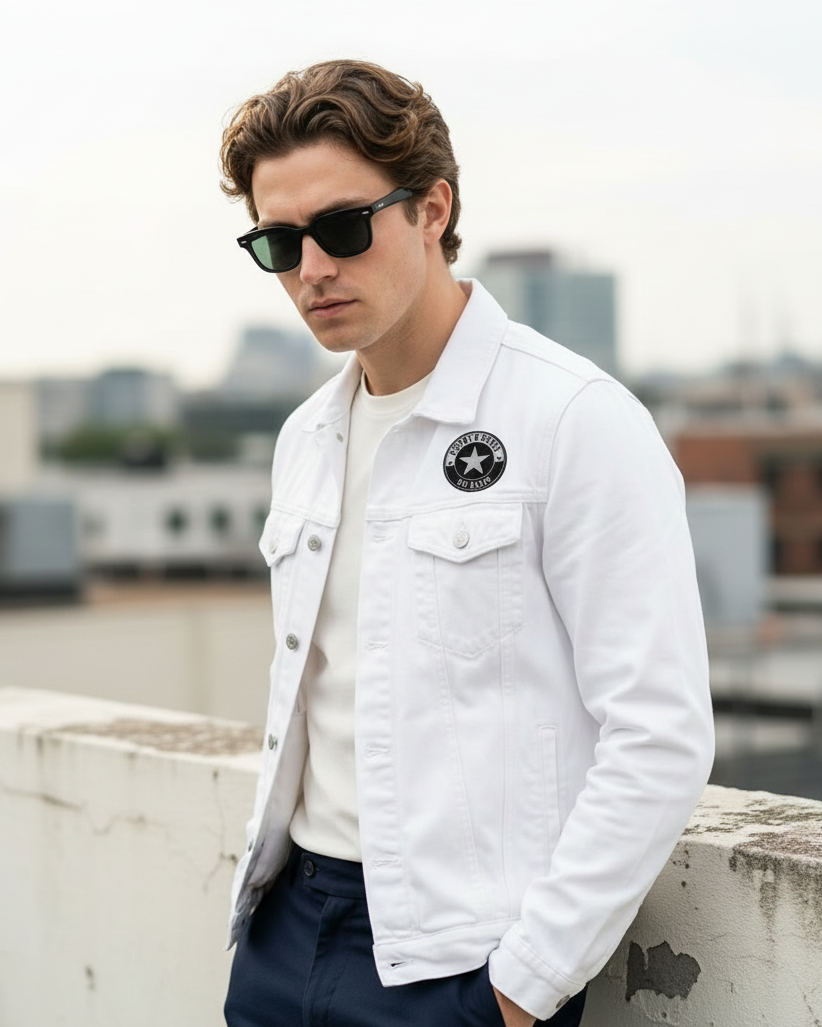 Man wearing a white denim jacket with a logo, sunglasses, and navy pants on a rooftop with cityscape background.