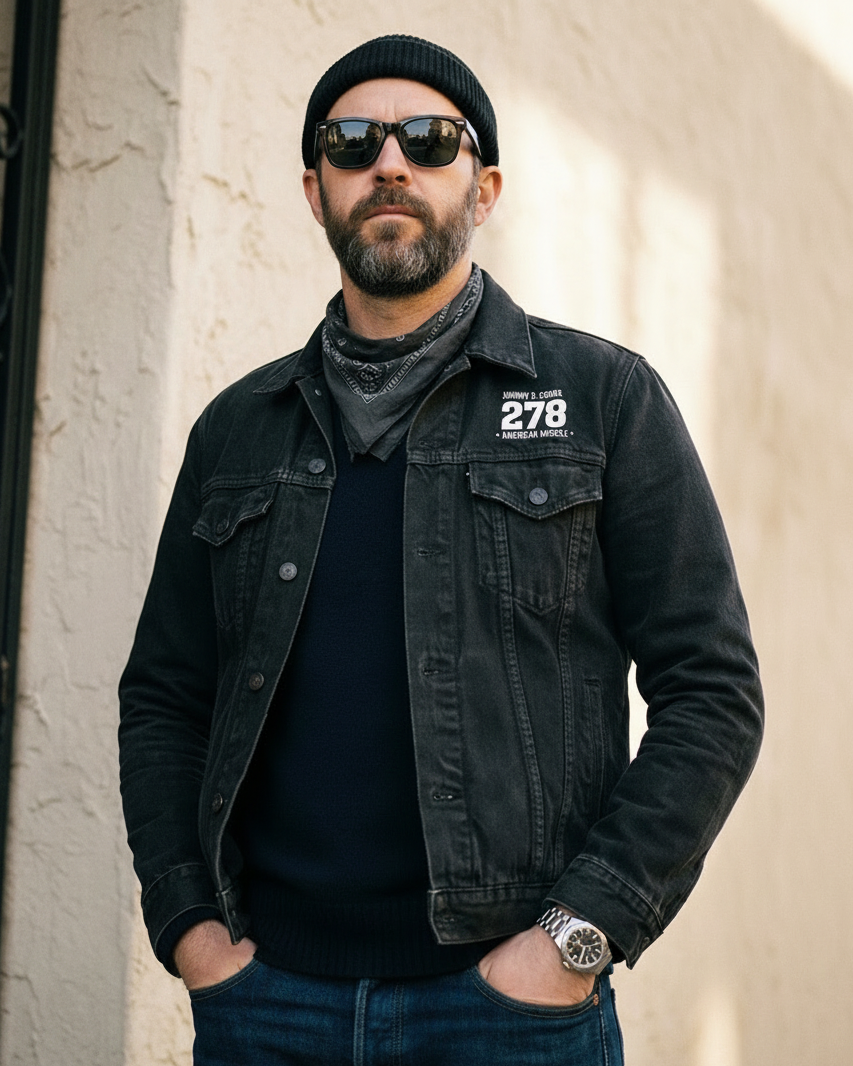 man wearing a jbg denim jacket motor style