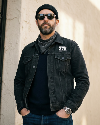 man wearing a jbg denim jacket motor style