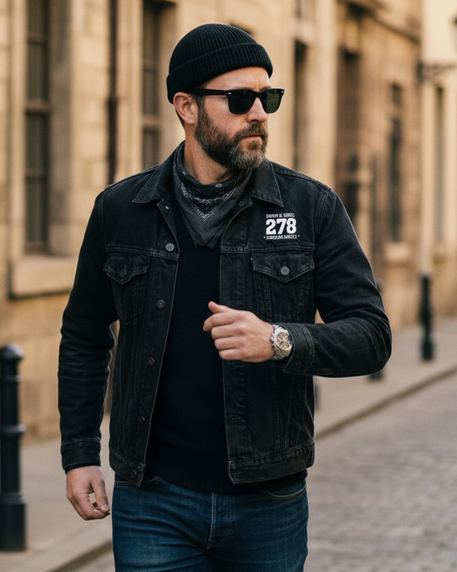 Man wearing a black jacket with a logo, sunglasses, and a beanie walking on a cobblestone street.