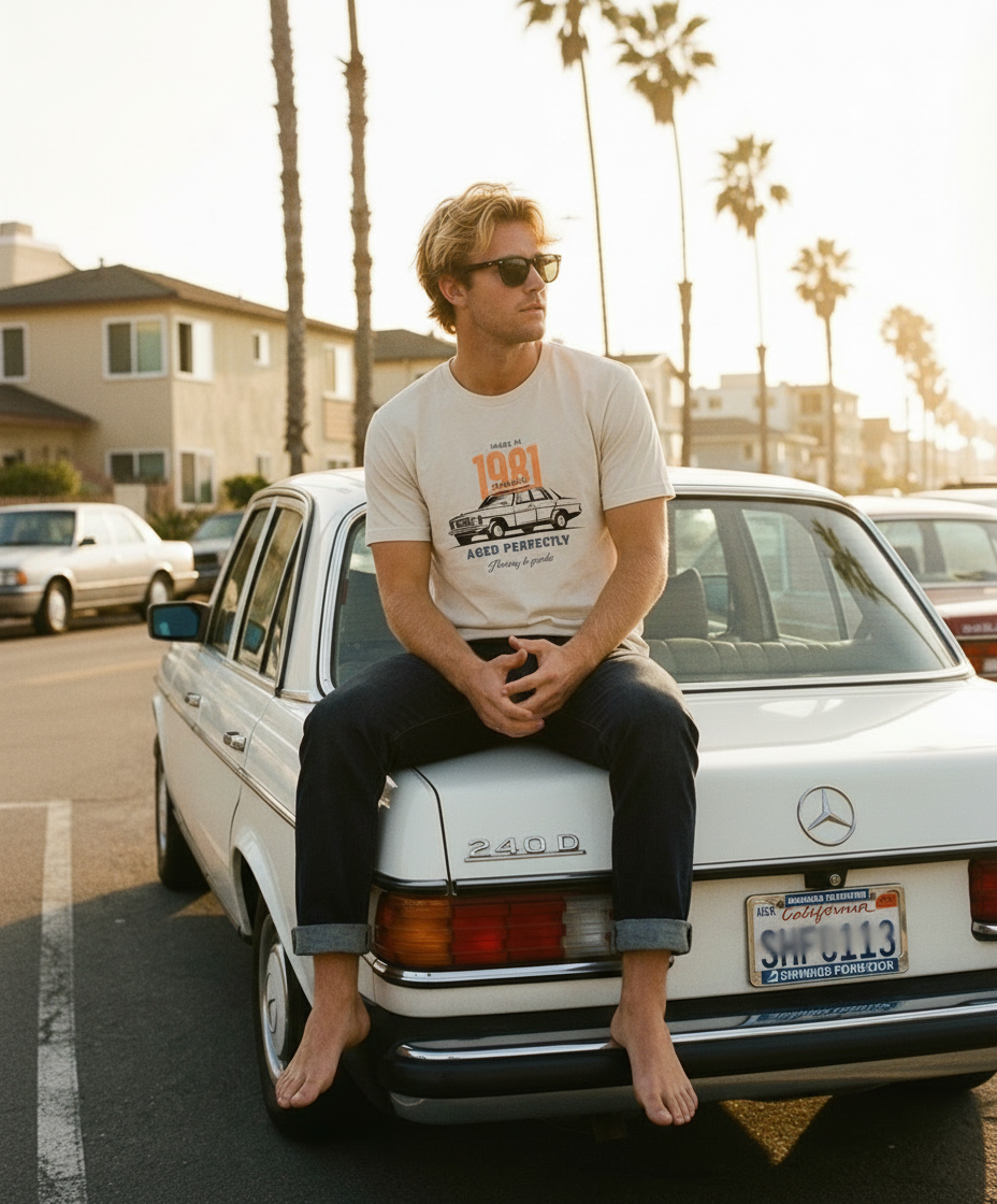 Man sitting on a classic Mercedes-Benz car with palm trees in the background