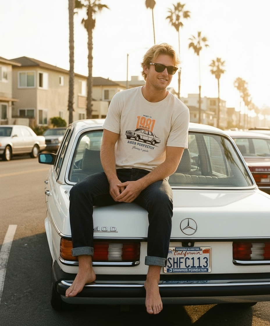 Aged Perfectly 1981 Benz – Men’s Premium Vintage Car Graphic T-Shirt