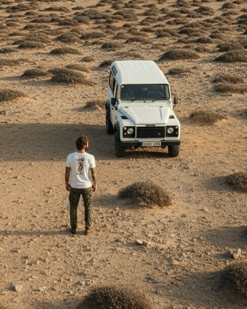 Person standing in a desert landscape with a white SUV and an island in the distance.