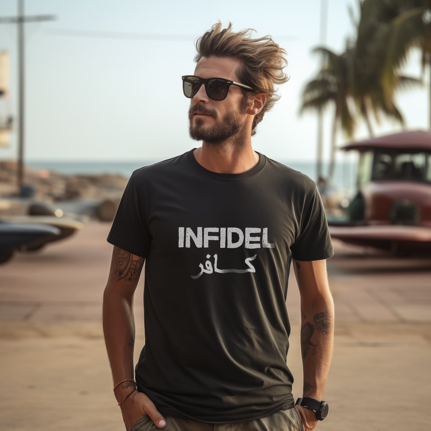 A man wearing a black crew neck t-shirt with the word 'INFIDEL' printed in white on the front.