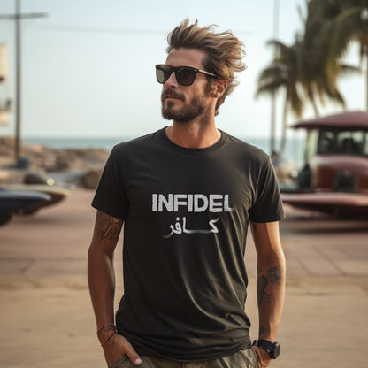A man wearing a black crew neck t-shirt with the word 'INFIDEL' printed in white on the front.