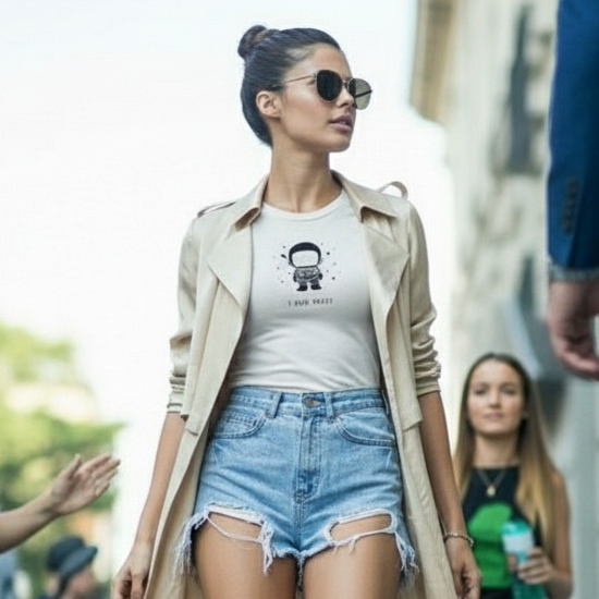 model wearing jbg white graphic Tee walking in a crowded street