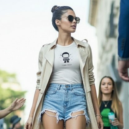 model wearing jbg white graphic Tee walking in a crowded street