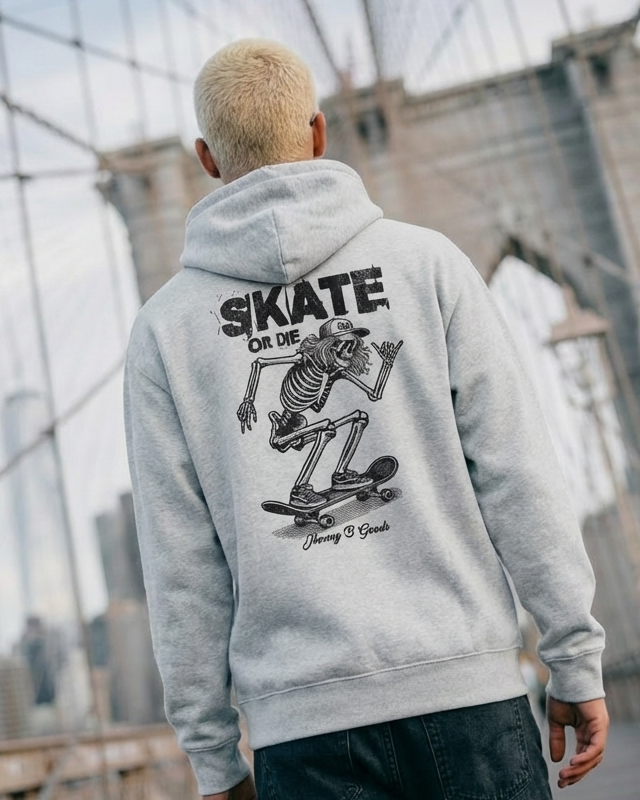 Person wearing a hoodie with a skeleton design on the back, standing on a bridge.
