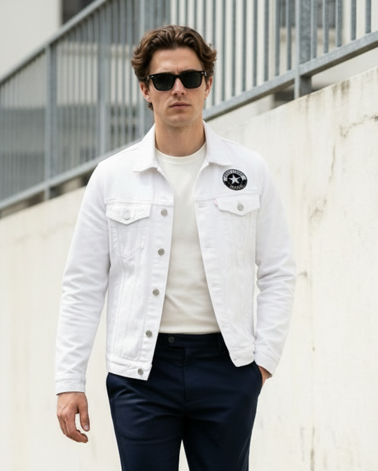 Man wearing a white denim jacket, white shirt, dark pants, and black sneakers against a white wall.