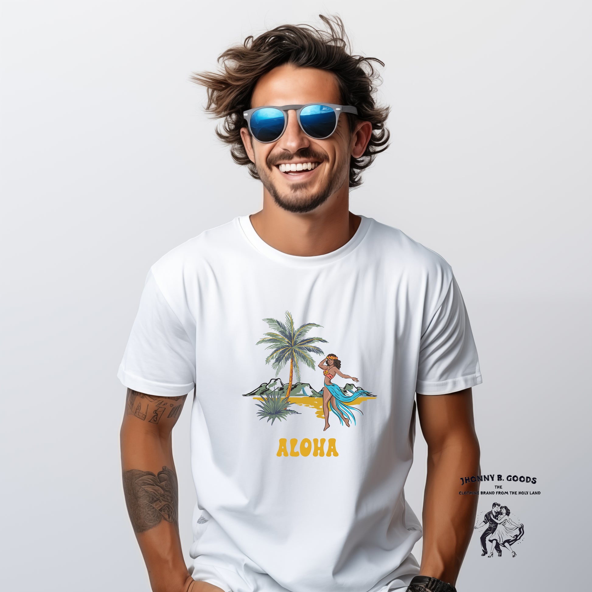 man wearing surf style white tee shirt