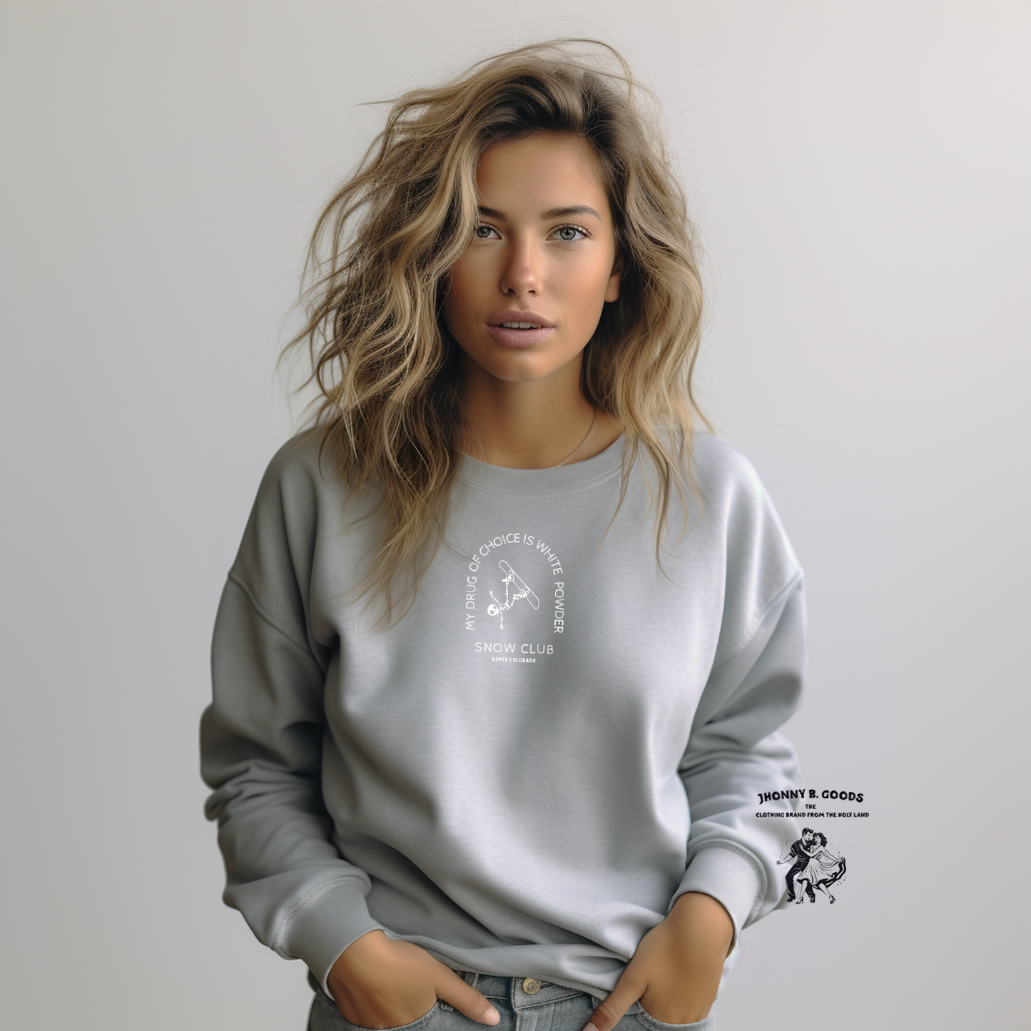 picture of women wearing grey embroidered crewneck sweatshirt