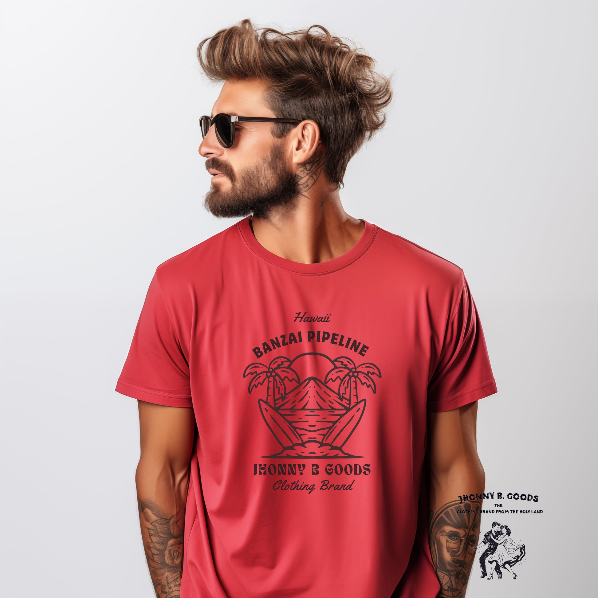 picture of surfer  wearing red surfstyle  tee shirt