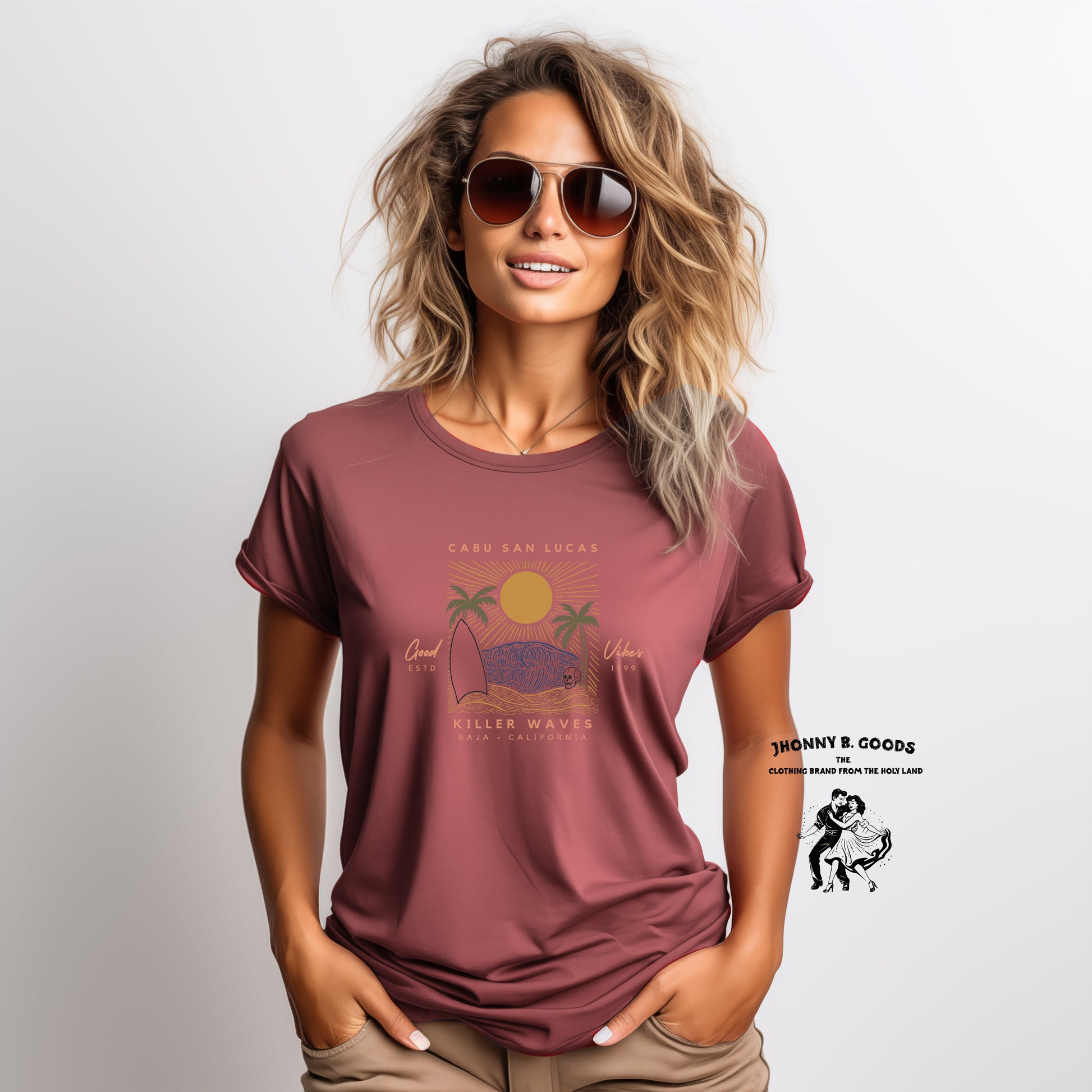 picture of women wearing burgundy surf shirt