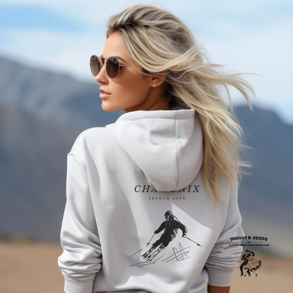 picture of woman wearing white skiing hoodie