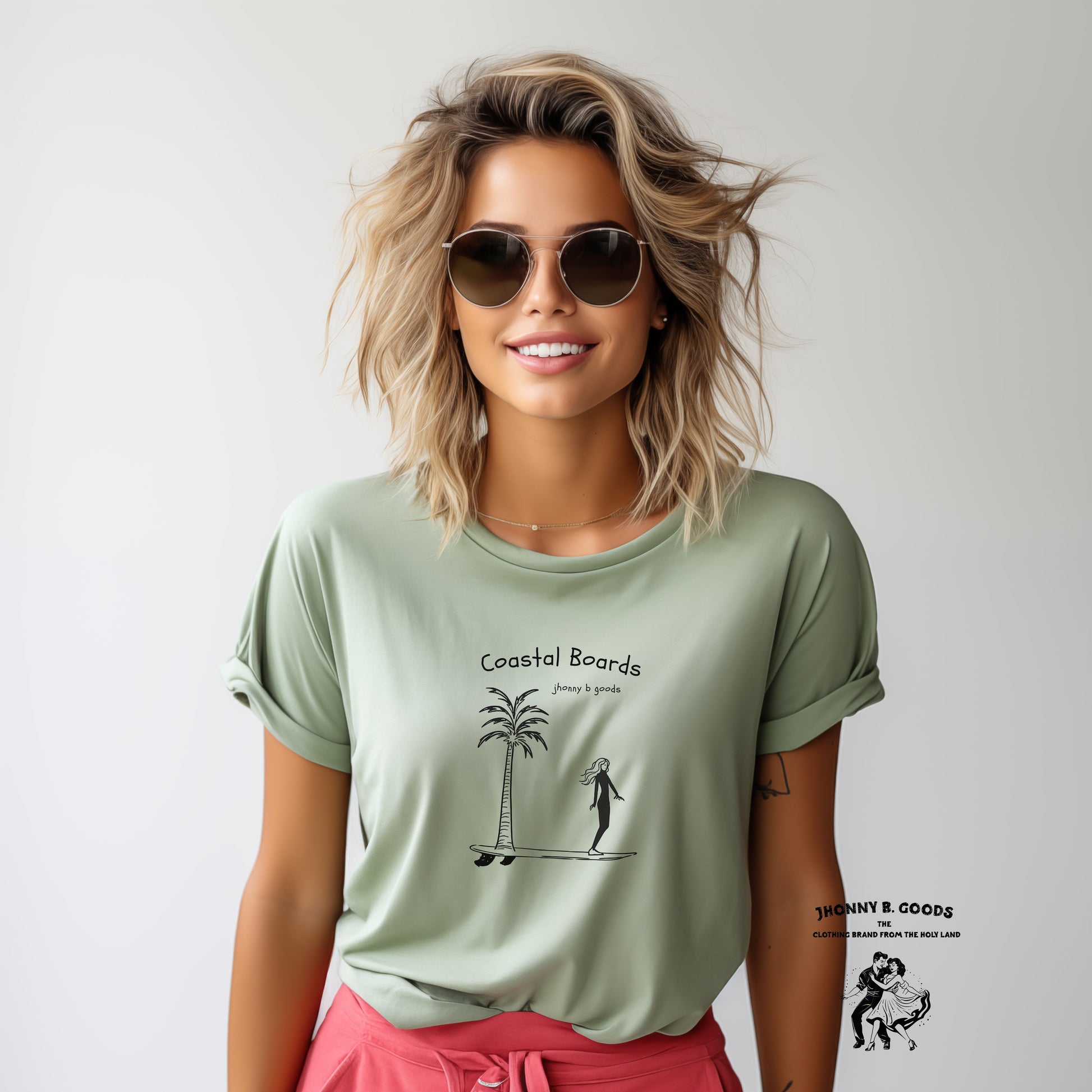 picture of surfer girl wearing light green tee