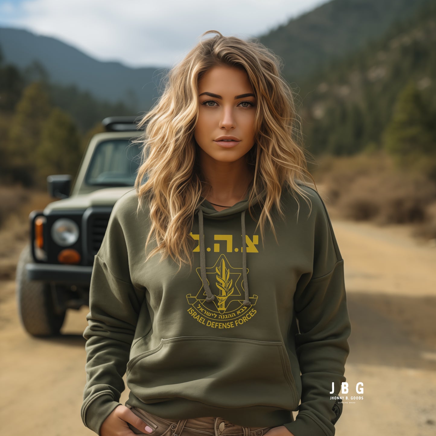 young woman wearing army green idf hoodie