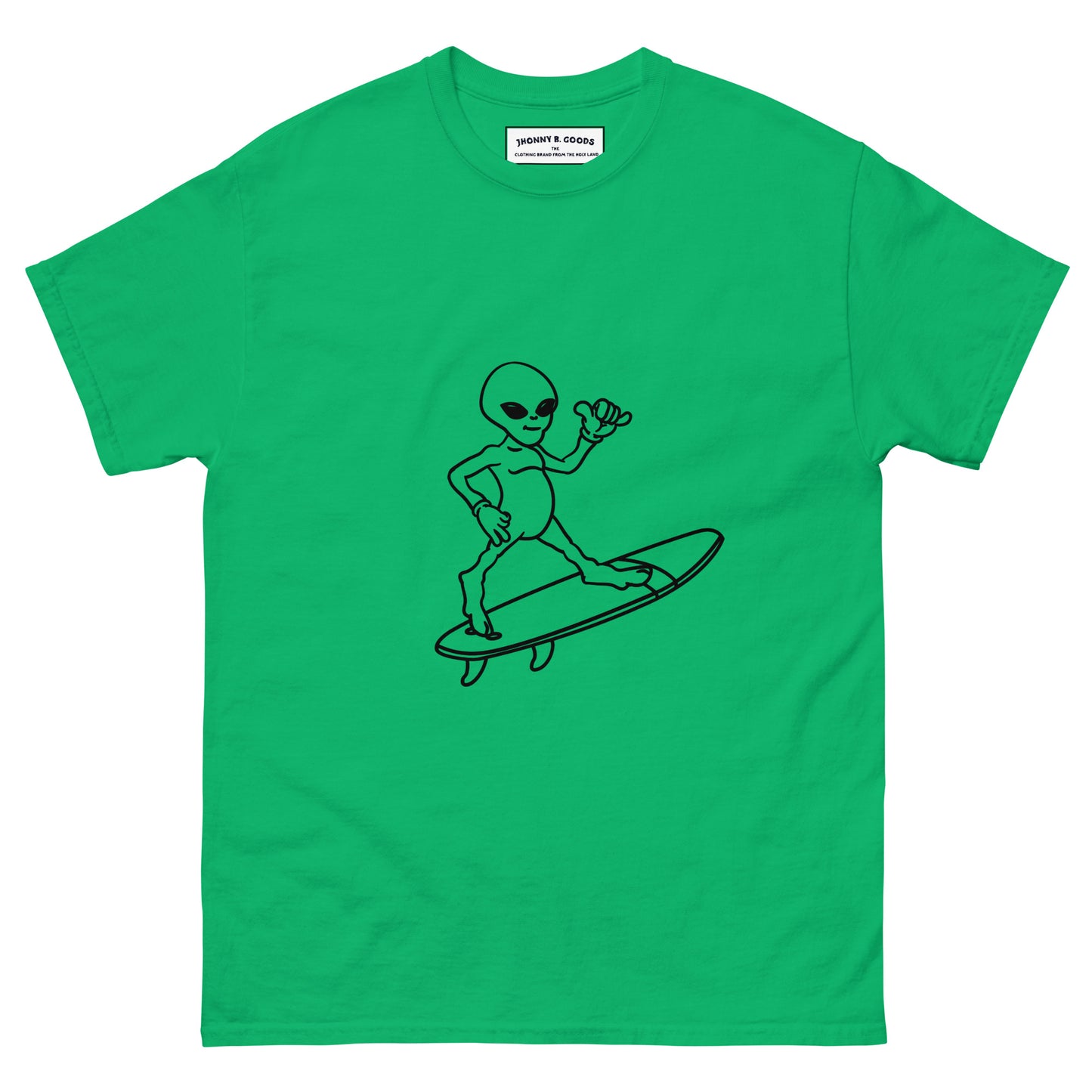 picture of green alien surfer tee