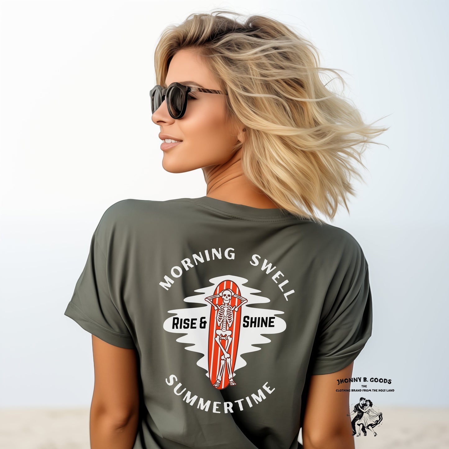 picture of young woman wearing green  surfstyle  tee