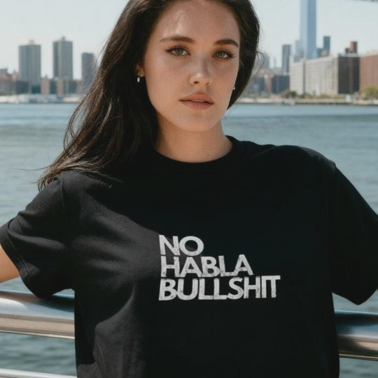 young woman wearing black JBG brand Tee