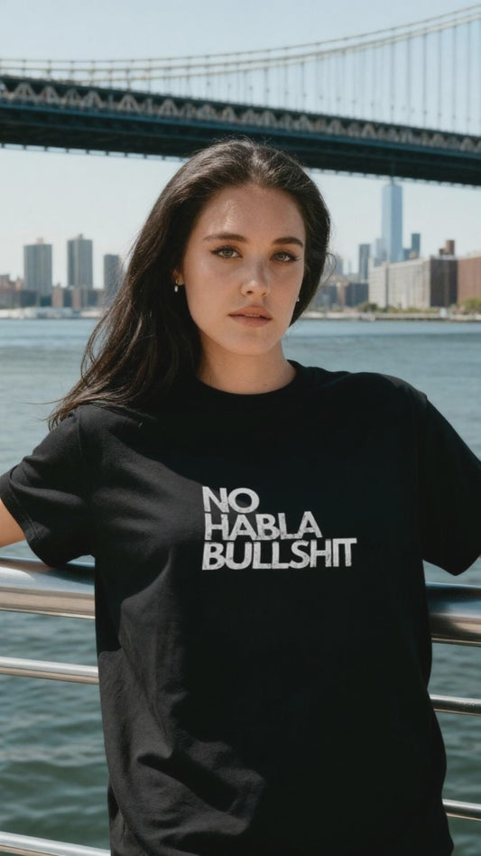 young woman wearing black JBG brand Tee