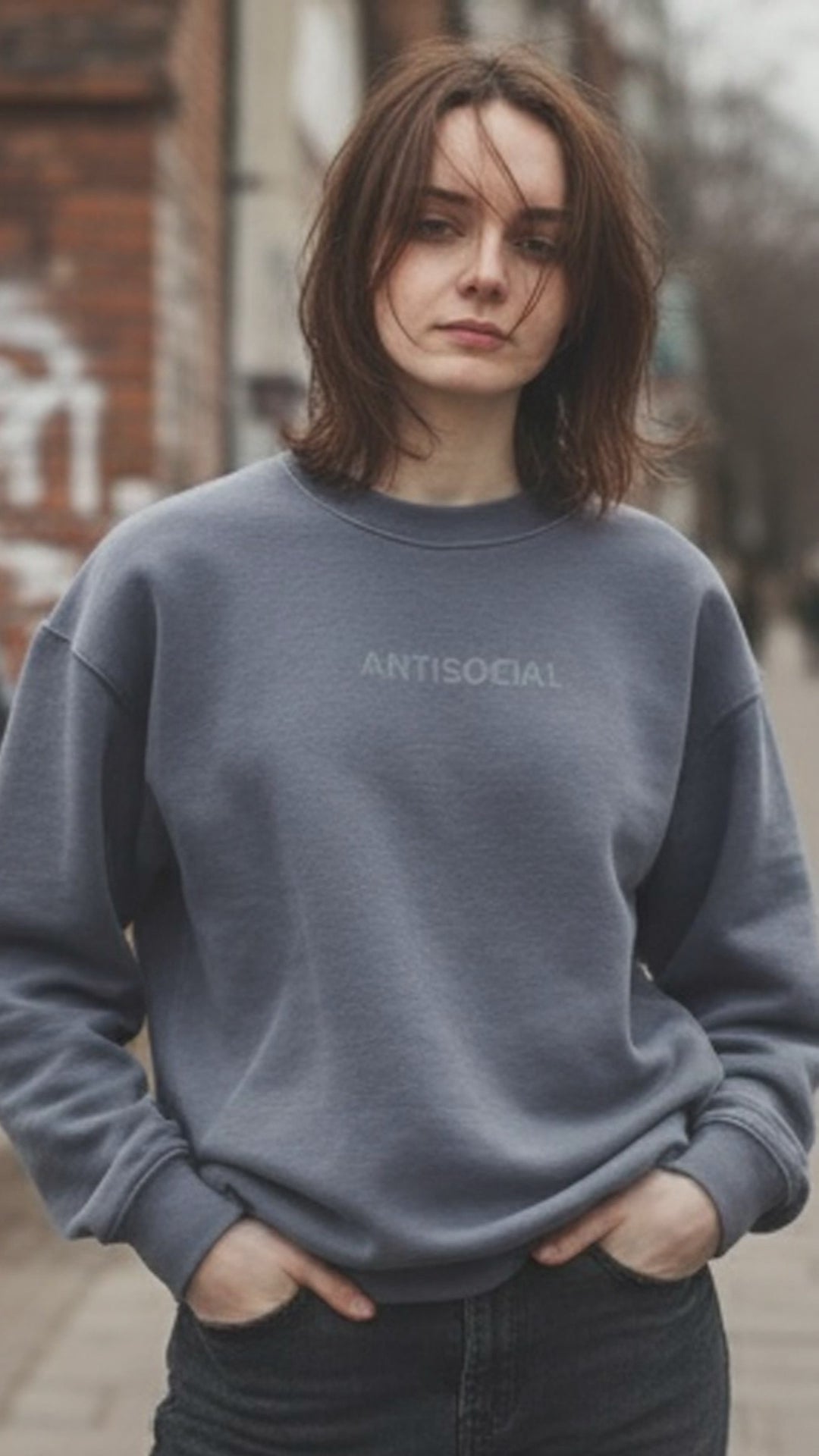 woman wearing anti social embroidered gray sweatshirt from jbg brand