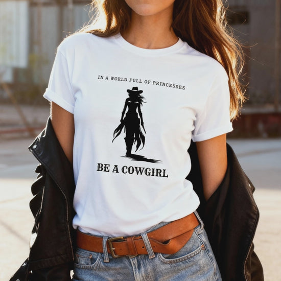 woman wearing a white JBG cowgirl TEE