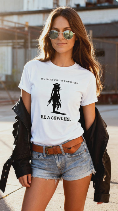 woman wearing a white JBG cowgirl TEE