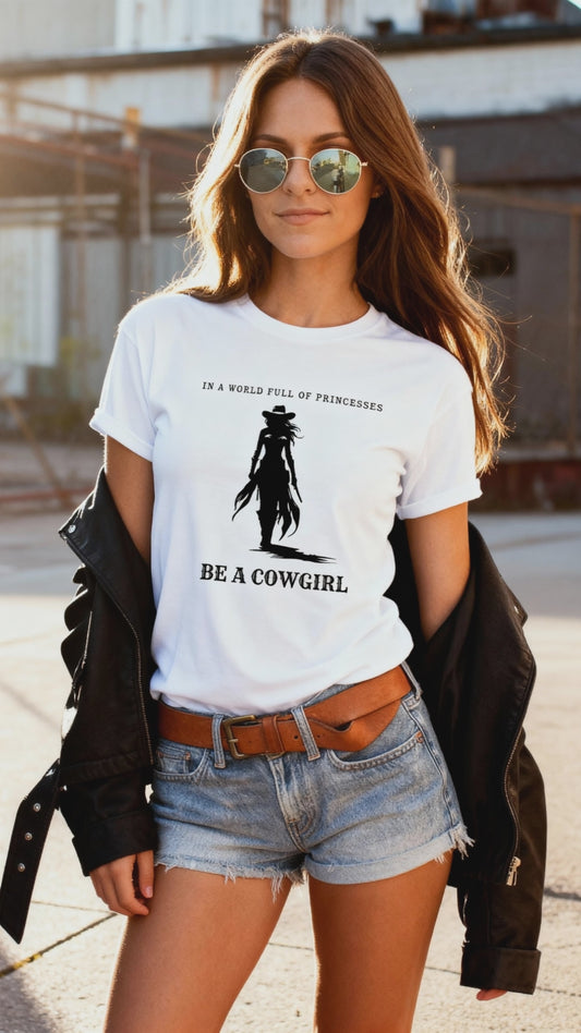 woman wearing a white JBG cowgirl TEE