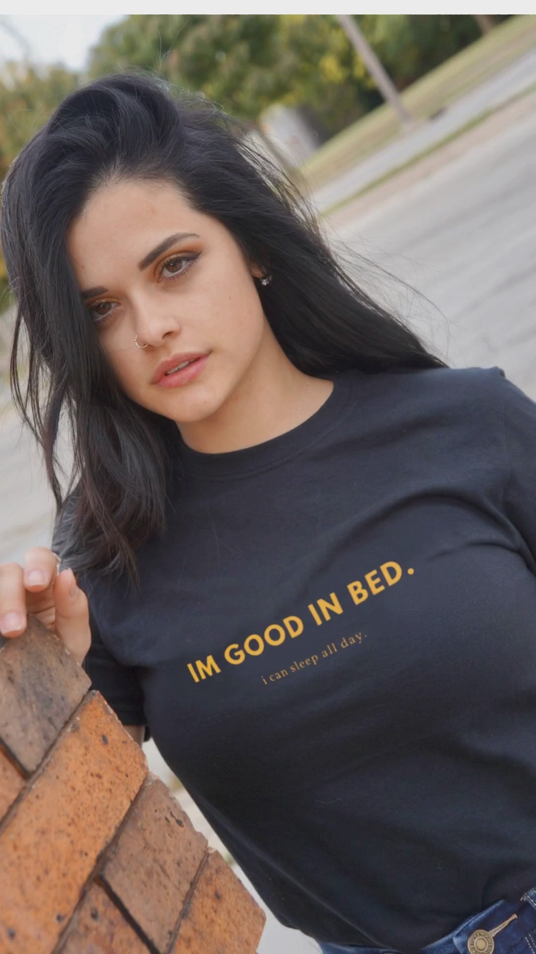 woman wearing JBG Best Selling Good in bed  black tee