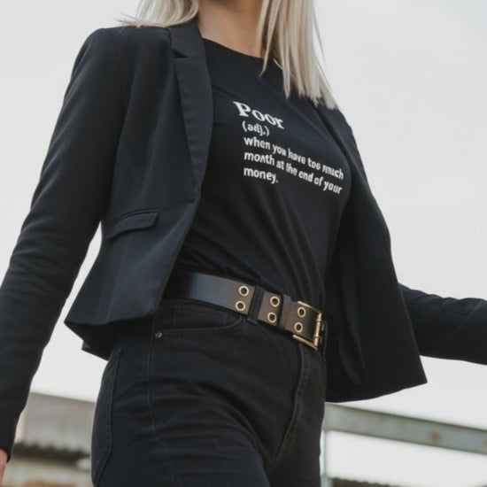 blond woman wearing jbg brand black tee