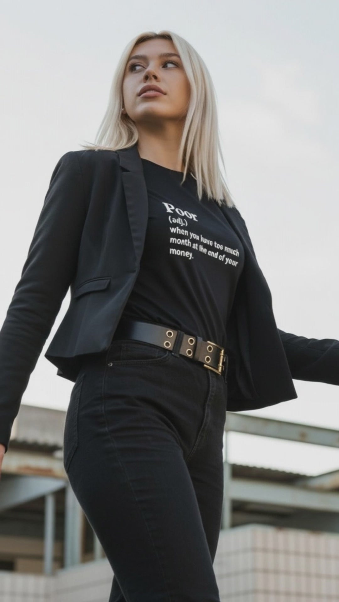 blond woman wearing jbg brand black tee