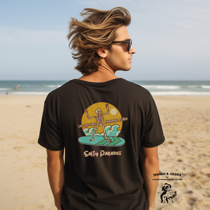 man wearing surf tee at the beach