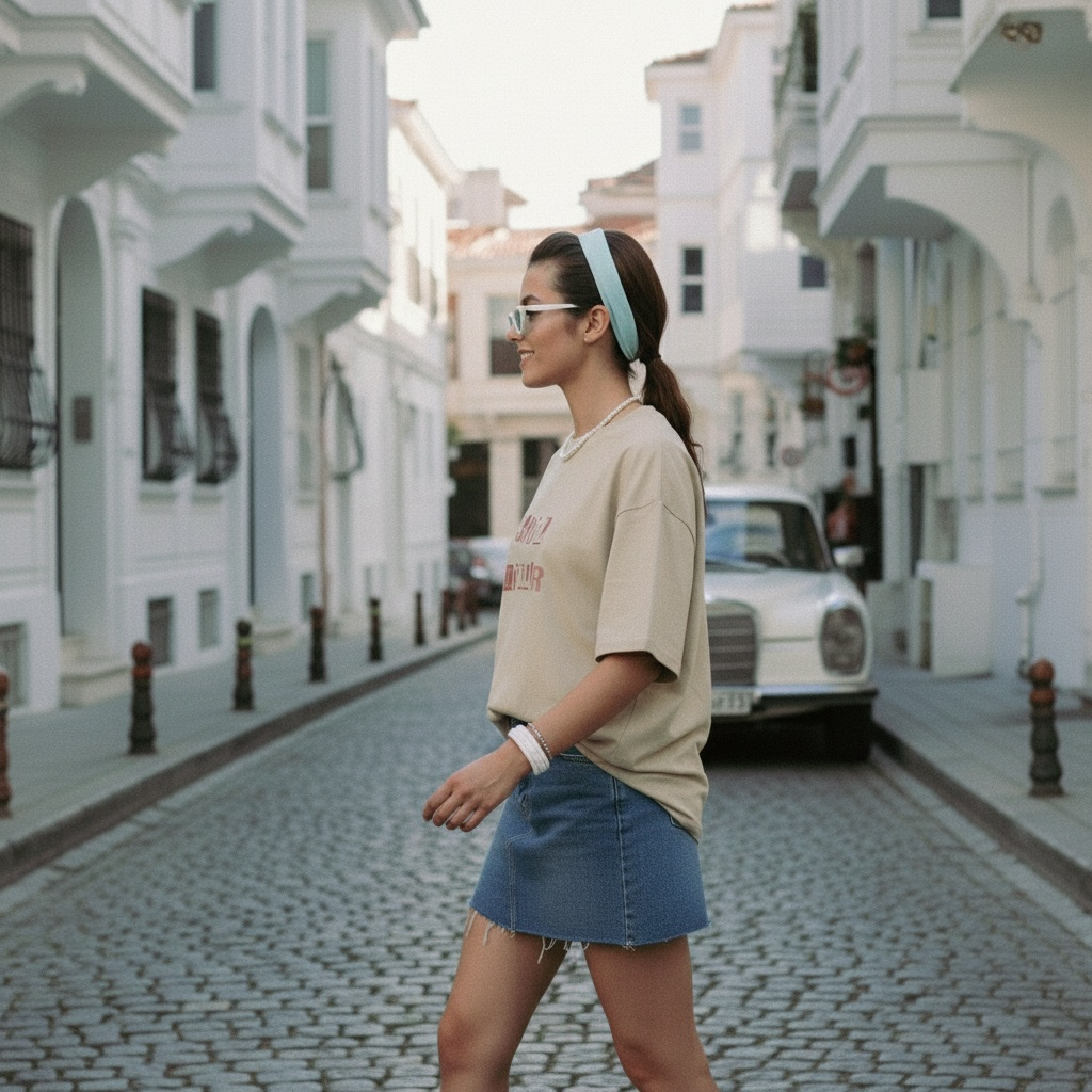 Woman walking down a sunlit street with vintage car and white buildings.