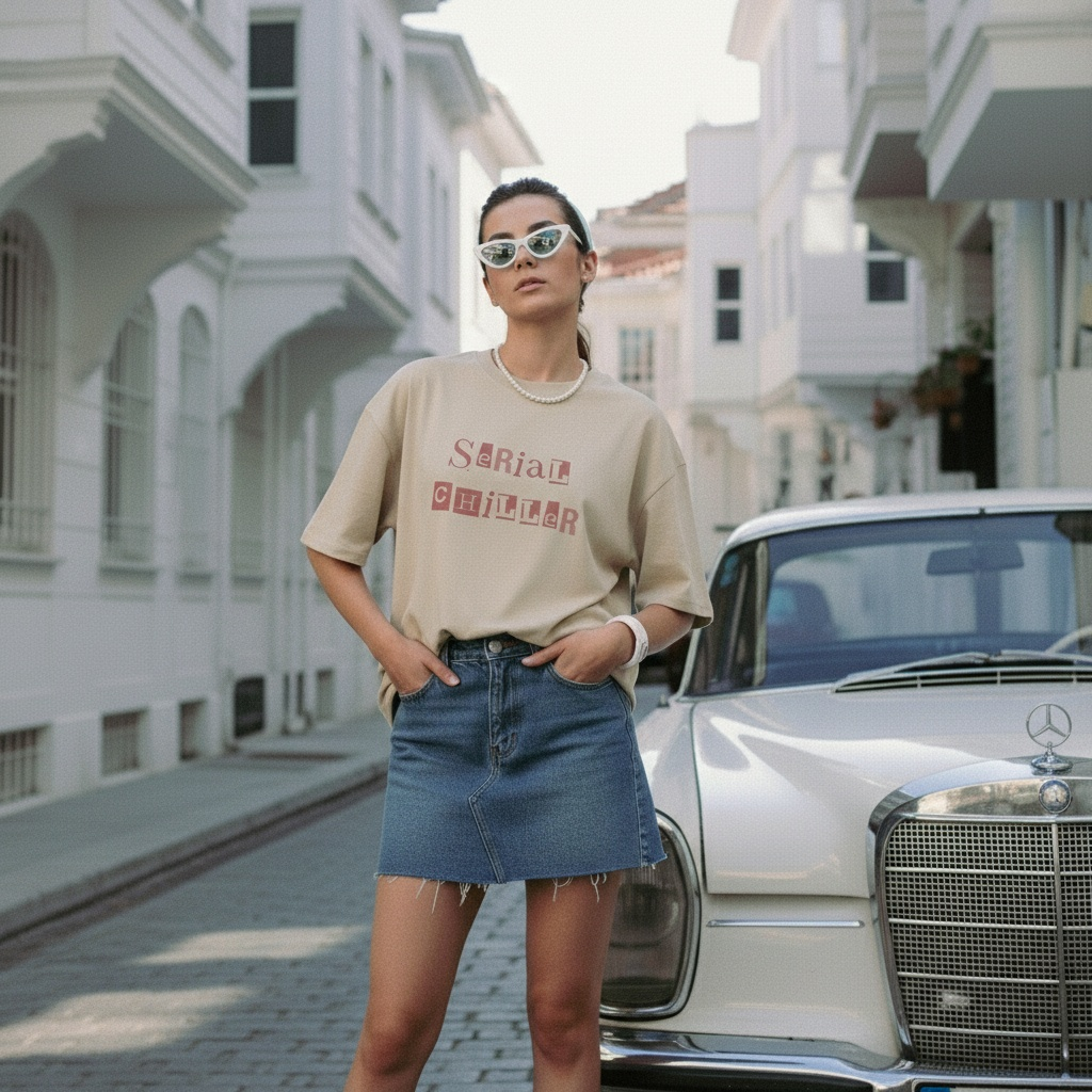 Woman in a beige t-shirt and denim skirt standing in front of a vintage car on a street.