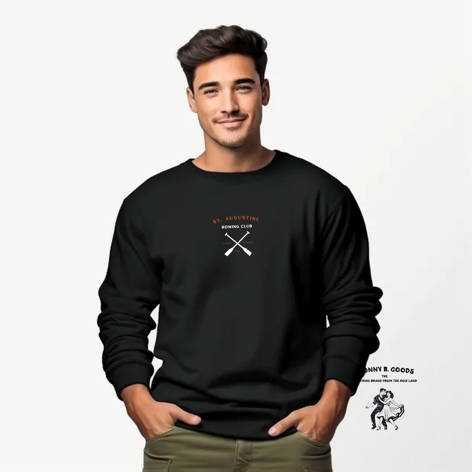 picture of young college man wearing rowing club embroidered sweatshirt