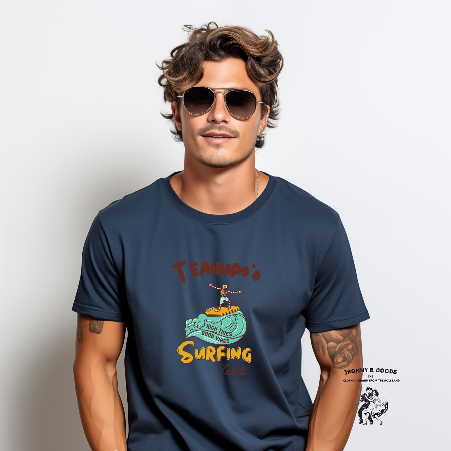 picture of man wearing navy surf shirt