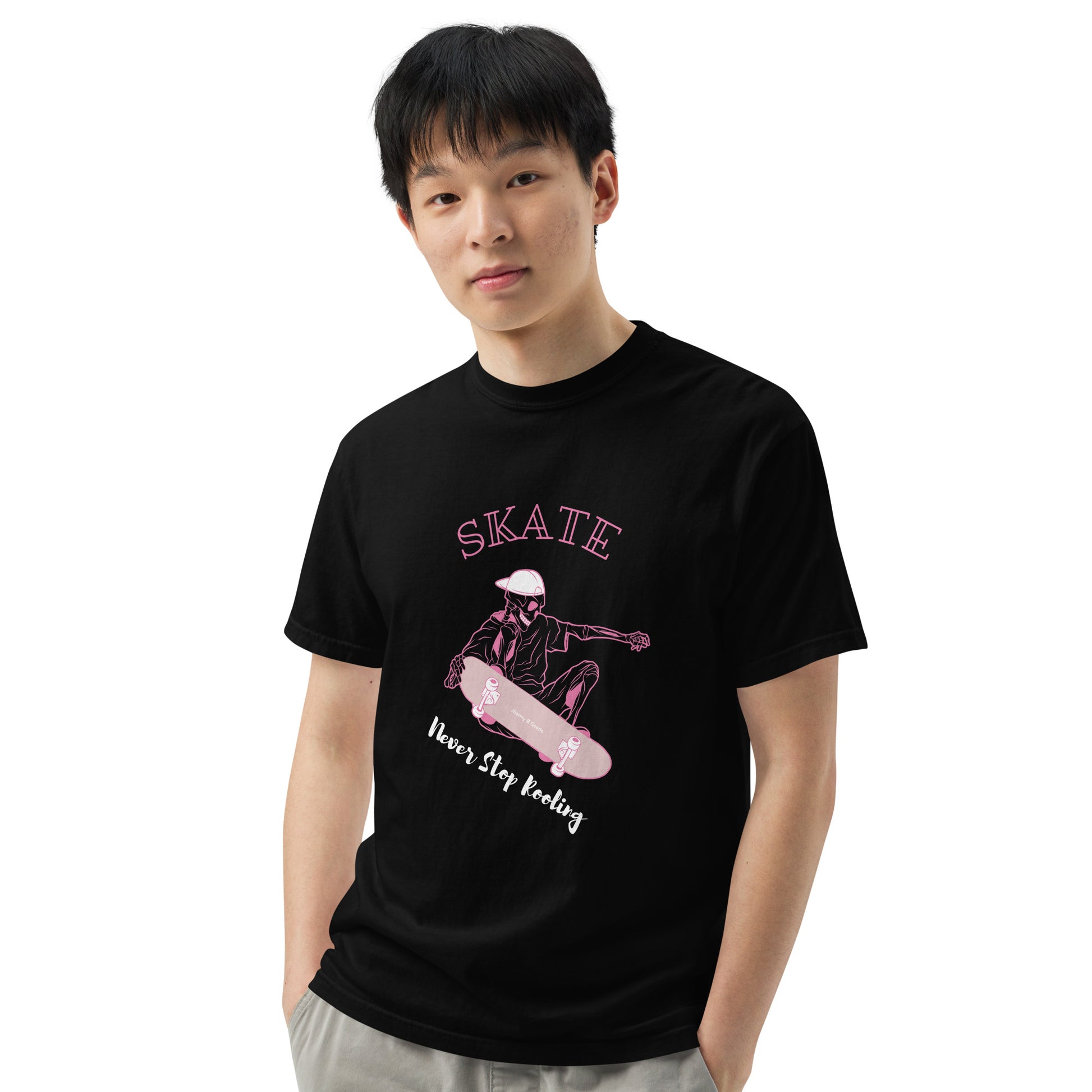 picture of young man wearing black skate tee