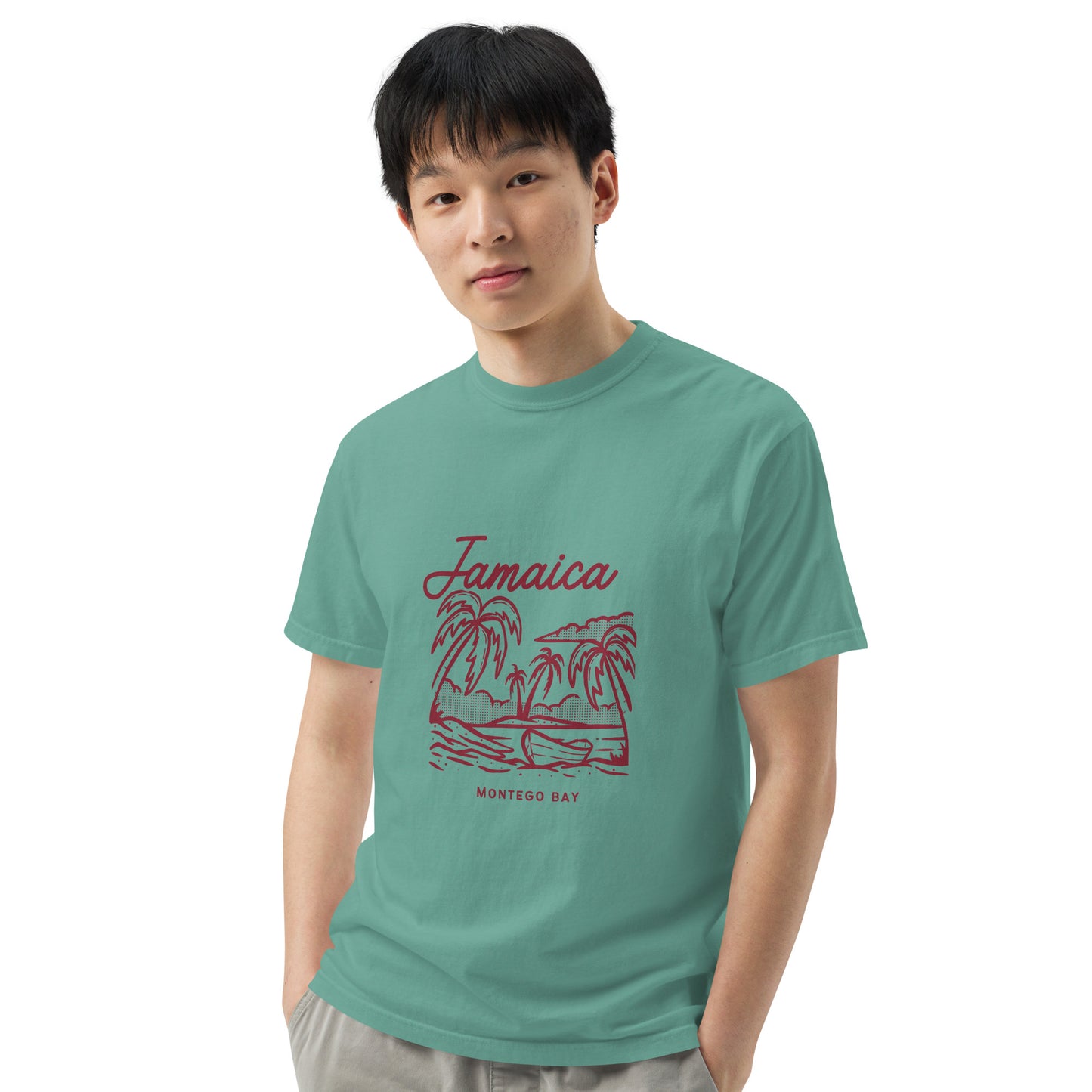 man wearing turquoise surf tee