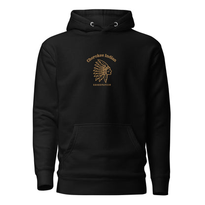 picture of a black embroidered hoodie of native American logo