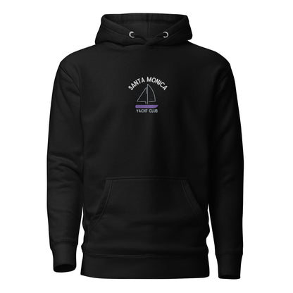 picture of black hoodie embroidered with a boat yacht club logo