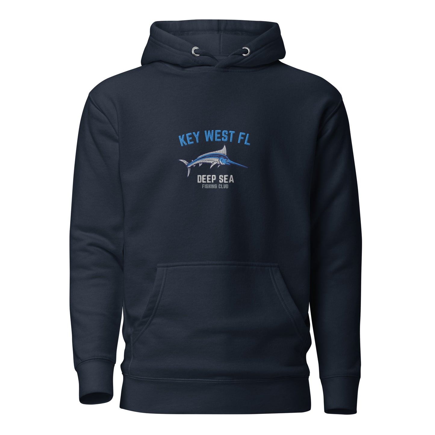 picture of a navy blue embroidered key west hoodie