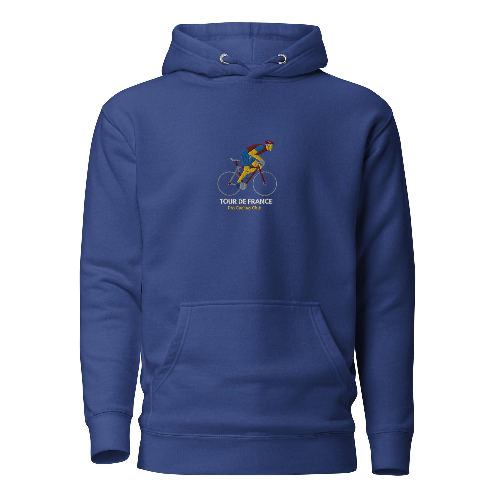 picture of blue hoodie embroidered with tour the france logo