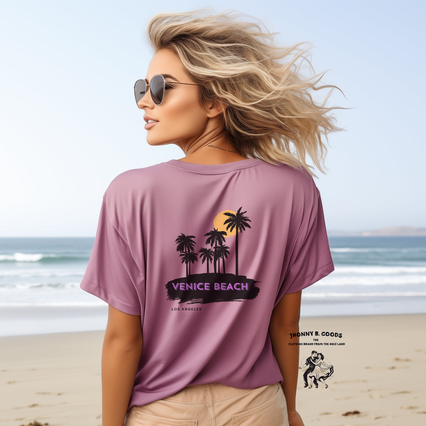 surfer women wearing graphic purple vencie beach surf t-shirt